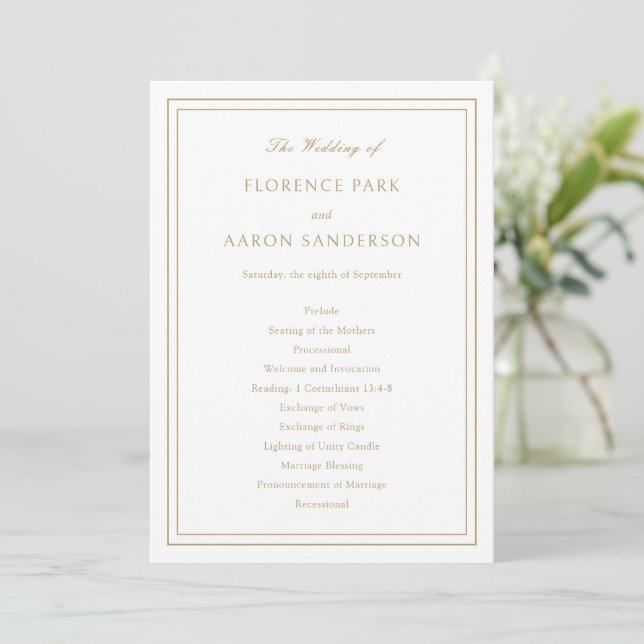 Traditional Gold Timeless Wedding Programme (Standing Front)