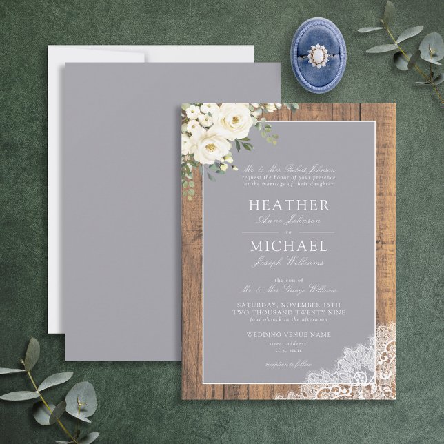 Traditional Gray Rustic Wood Lace Script Wedding Invitation (Creator Uploaded)