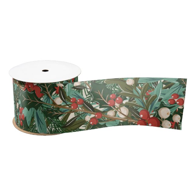 Traditional Green Botanical Holiday Christmas Satin Ribbon (Spool)