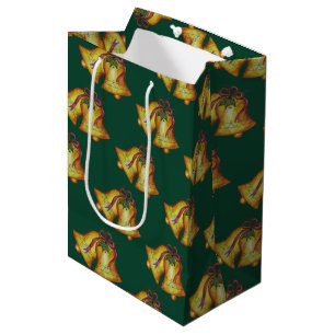 Traditional Green Christmas Bells Holiday Medium Gift Bag