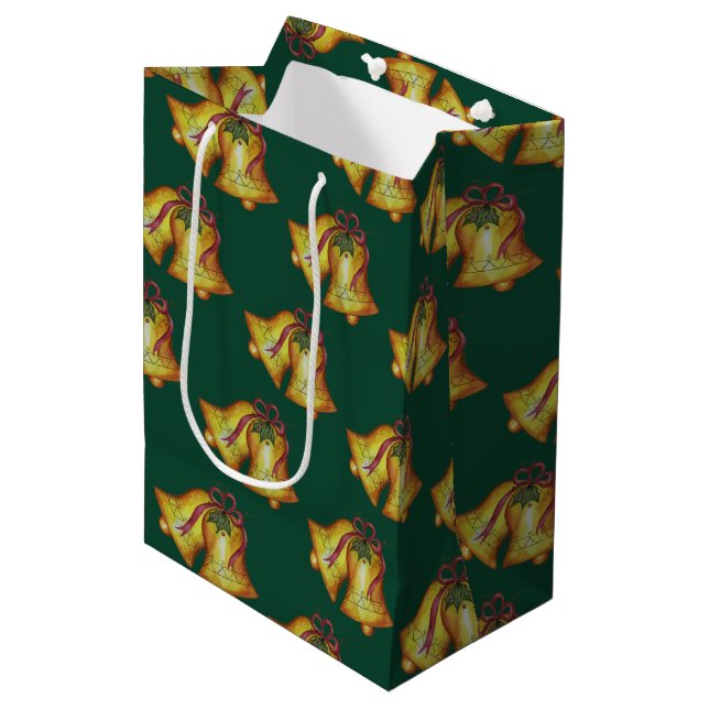 Traditional Green Christmas Bells Holiday Medium Gift Bag (Front Angled)