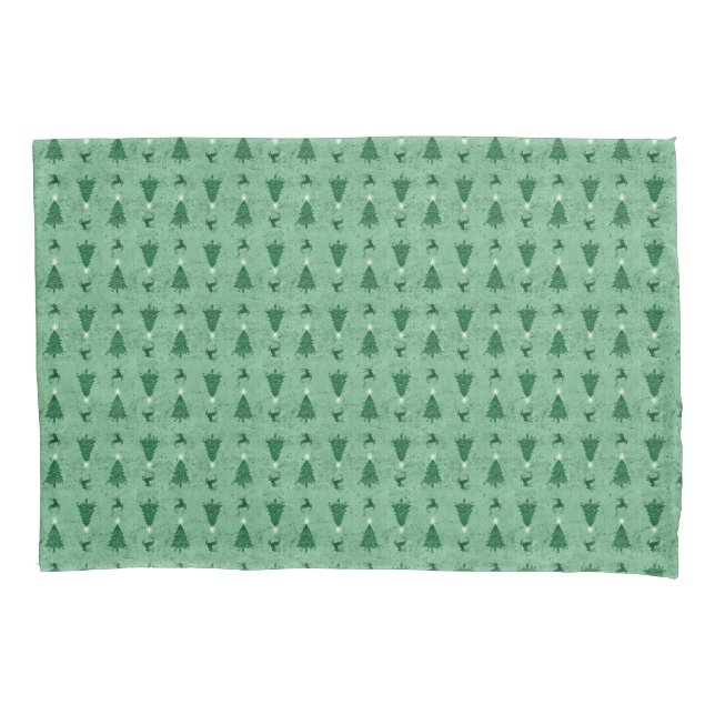 Traditional Green Christmas Trees & Reindeer   Pillowcase (Front)