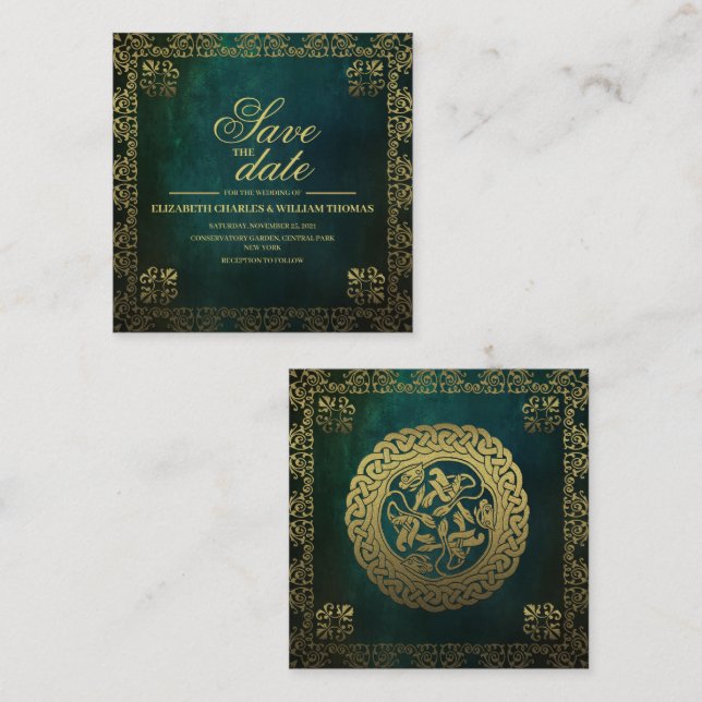 Traditional Green & Gold Save The Date Card (Front/Back)