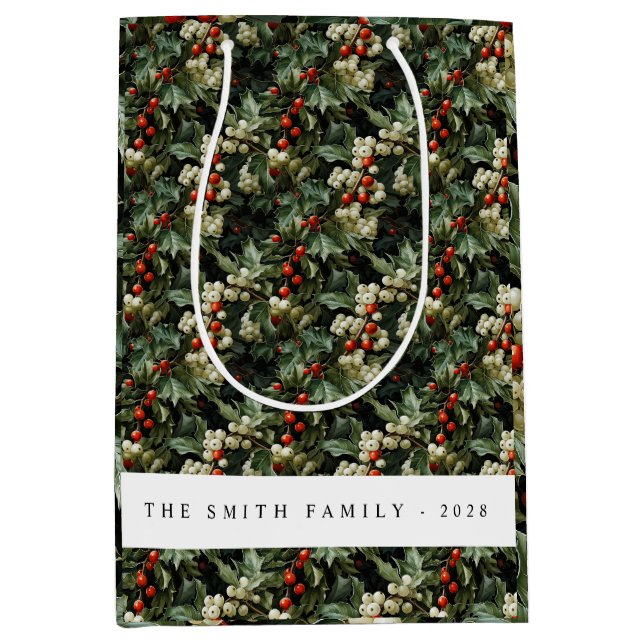 Traditional Green Holly Holiday Medium Gift Bag (Front)