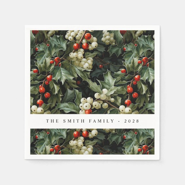 Traditional Green Holly Holiday Napkin (Front)