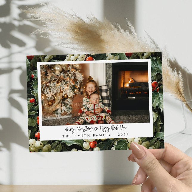 Traditional Green Holly Holiday Photo Thank You Card (Creator Uploaded)