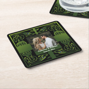 Traditional Green Irish Celtic Design Square Paper Coaster