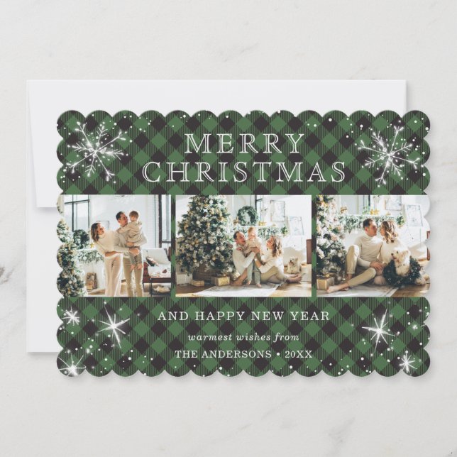 Traditional Green Plaid Snowflake 3 Photo Collage Holiday Card (Front)
