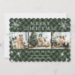 Traditional Green Plaid Snowflake 3 Photo Collage Holiday Card