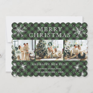 Traditional Green Plaid Snowflake 3 Photo Collage Holiday Card