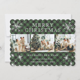 Traditional Green Plaid Snowflake 3 Photo Collage Holiday Card