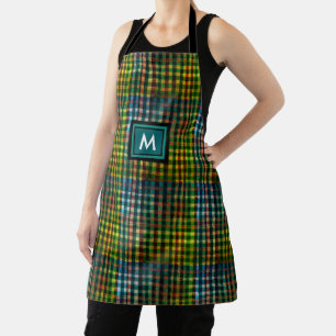 Traditional Green Plaid Tartan Pattern Monogram Apron