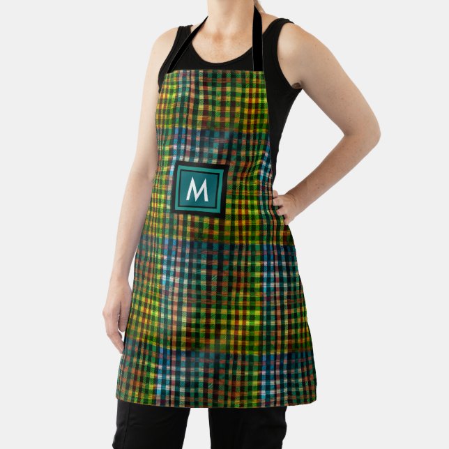 Traditional Green Plaid Tartan Pattern Monogram Apron (Insitu)