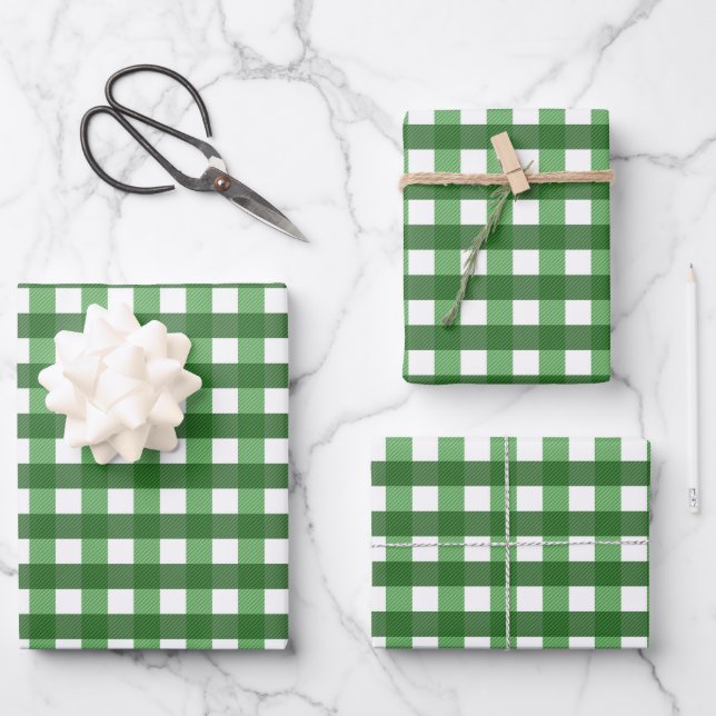 Traditional green white Gingham plaid grid pattern Wrapping Paper Sheet (Front)