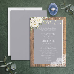 Traditional Grey Rustic Wood Lace Script Wedding Invitation