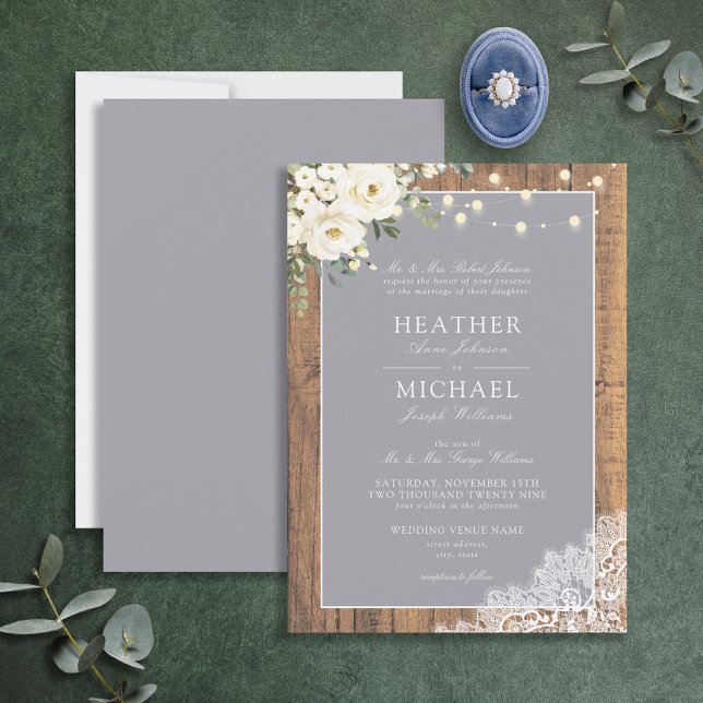 Traditional Grey Rustic Wood Lace Script Wedding Invitation (Creator Uploaded)