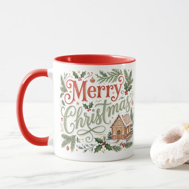 Traditional Hand Lettering Christmas Gingerbread Mug (With Donut)