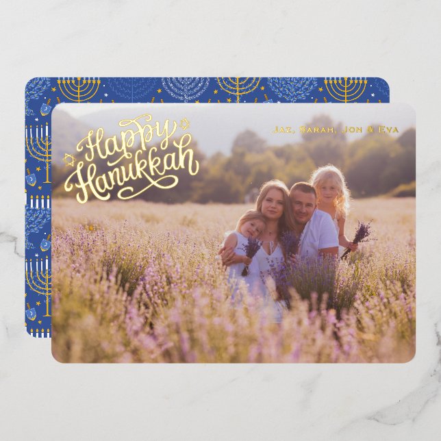 Traditional Hanukkah Card One Photo Patterned Gold (Front/Back)
