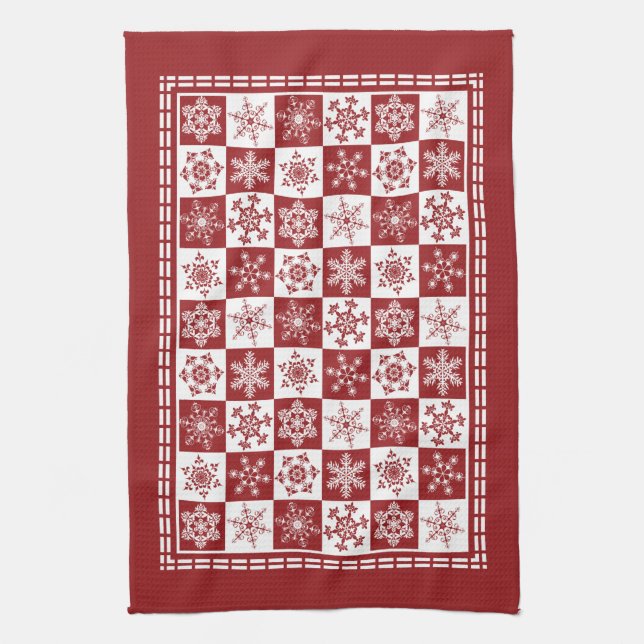 Traditional Holiday Christmas Red Snowflakes Tea Towel (Vertical)