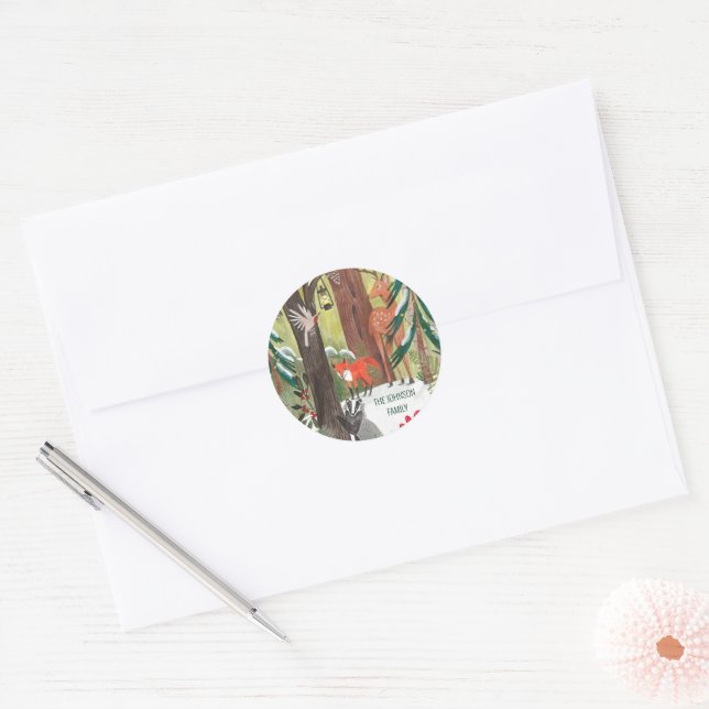 Traditional holiday festive woodland animals classic round sticker (Envelope)