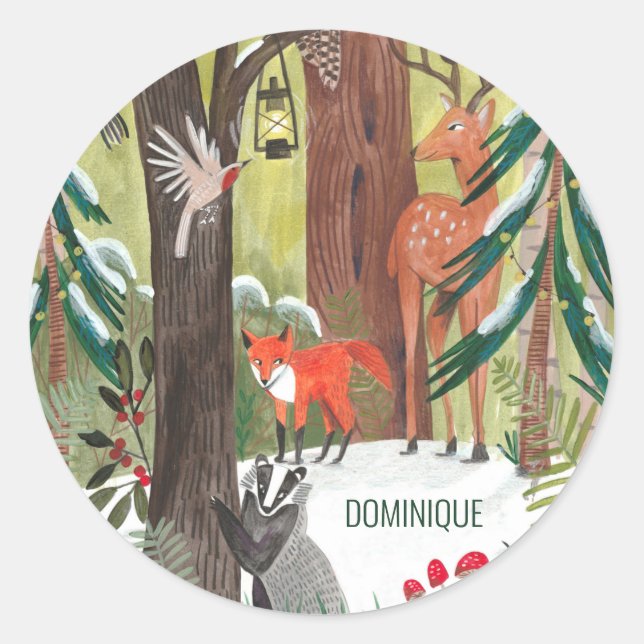 Traditional holiday festive woodland custom name c classic round sticker (Front)