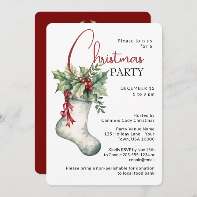 Traditional Holiday Stocking CHRISTMAS PARTY Invitation (Front/Back)