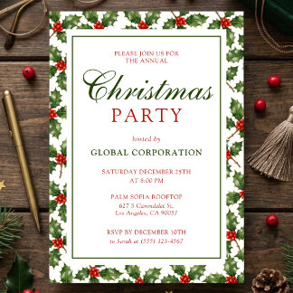 Traditional Holly Berry Corporate Christmas Party Invitation