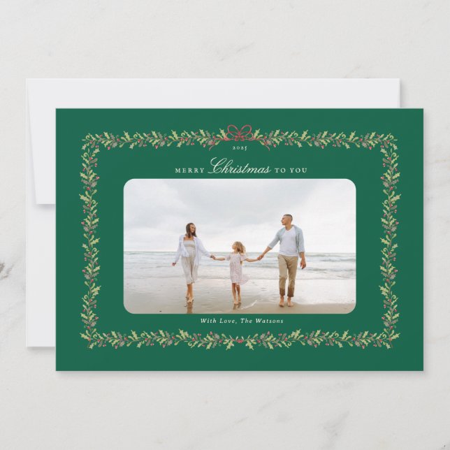 traditional hunter green botanical bow photo  holiday card (Front)