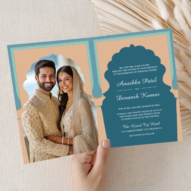 Traditional Indian Blue Arch Photo Wedding Invitation (Creator Uploaded)