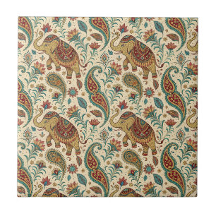 Traditional Indian Elephant Floral Paisley Pattern Tile