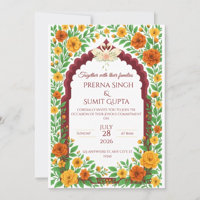Traditional Indian Floral Wedding Invitation  (Front)