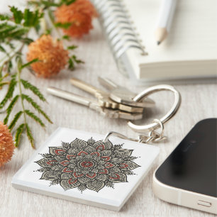 Traditional Indian Mandala Art in Black and Red Key Ring