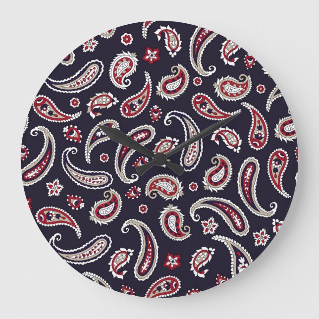 Traditional Indian paisley, navy pattern. Large Clock (Front)