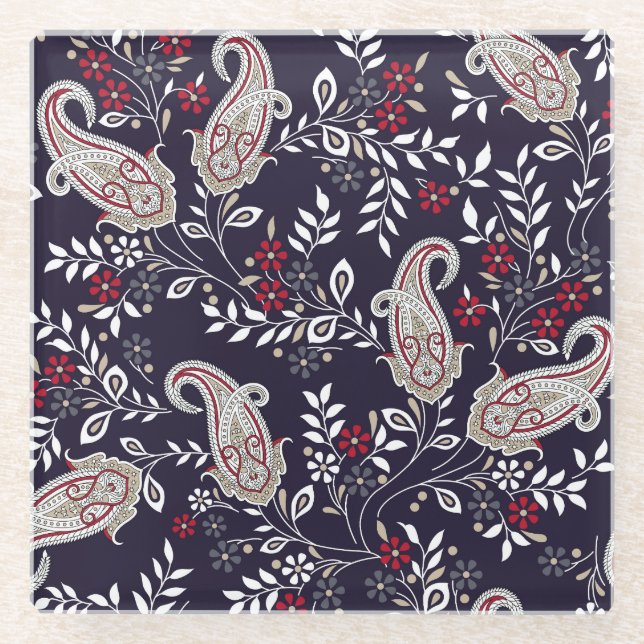 Traditional Indian paisley, seamless pattern. Glass Coaster (Front)