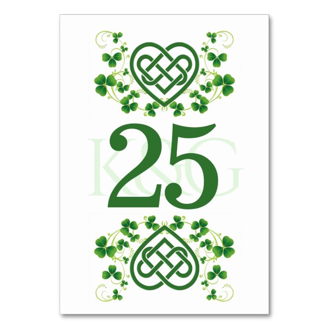 Traditional Irish Celtic Love Knot and Shamrocks Table Number (Front)