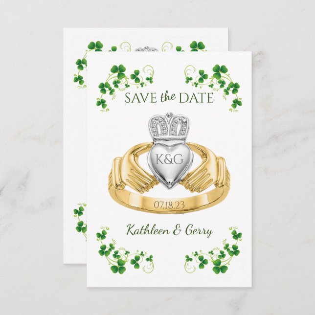 Traditional Irish Claddagh Ring and Shamrocks Save The Date (Front/Back)