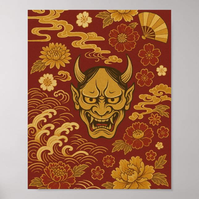"Traditional Japanese Demon Art with Floral Waves" Poster (Front)