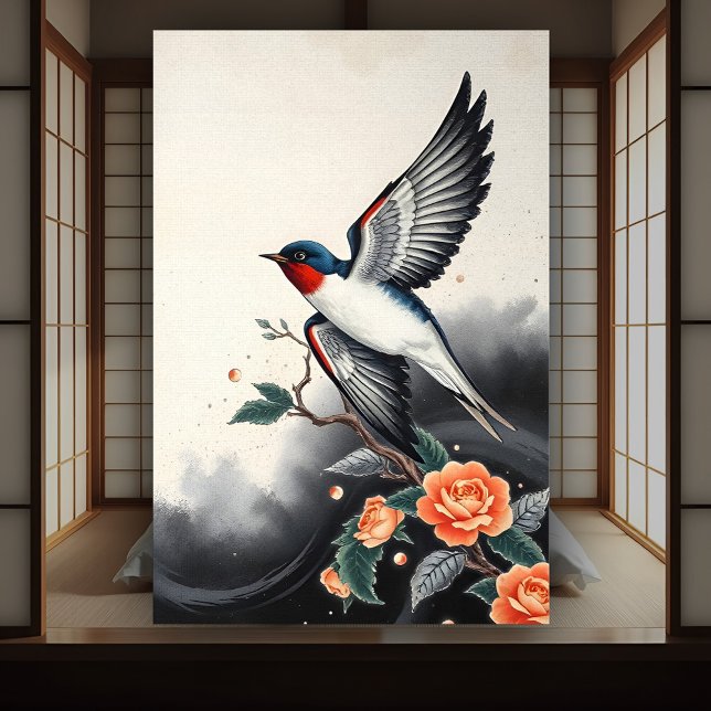 Traditional Japanese Elegant Flying Swallow Bird Poster (Swallow in flight poster art with orange rose flowers in the style of traditional Japanese art.)