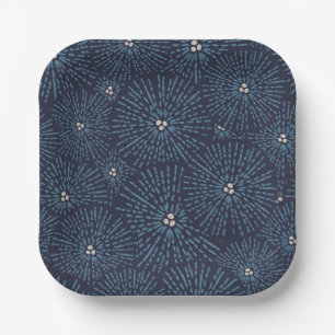 Traditional Japanese floral geometric blue white  Paper Plate