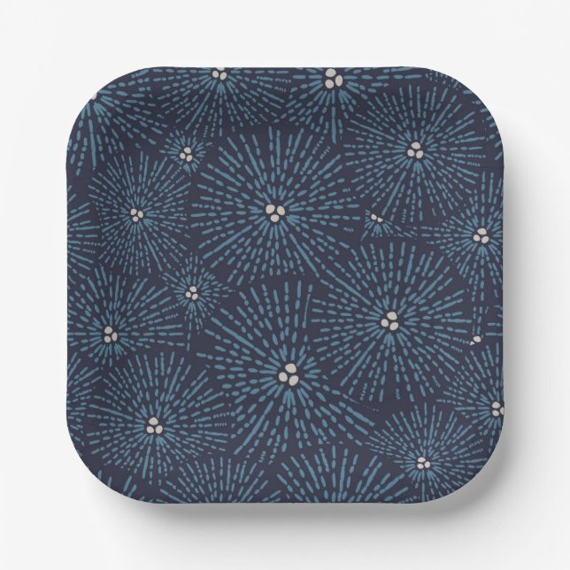 Traditional Japanese floral geometric blue white  Paper Plate (Front)