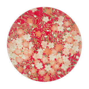 Traditional Japanese Floral Sakura Red Gold  Glass Cutting Board