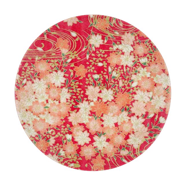 Traditional Japanese Floral Sakura Red Gold  Glass Cutting Board (Front)