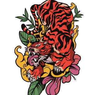 Traditional Japanese Floral Tiger Flowers Tiger T-Shirt