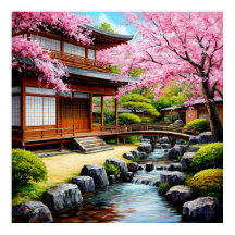 Traditional Japanese Garden With Cherry Blossoms