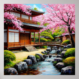 Traditional Japanese Garden With Cherry Blossoms Poster