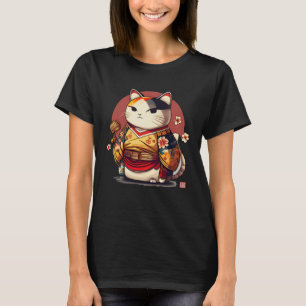 Traditional Japanese Geisha Kanji Lucky Cat T-Shirt