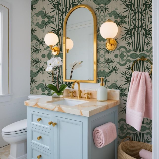 Traditional Japanese Green & Beige Bamboo Cherry B Wallpaper (Creator Uploaded)