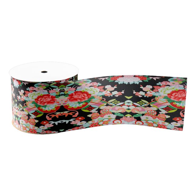 Traditional Japanese Kimono Floral Black Red  Grosgrain Ribbon (Spool)