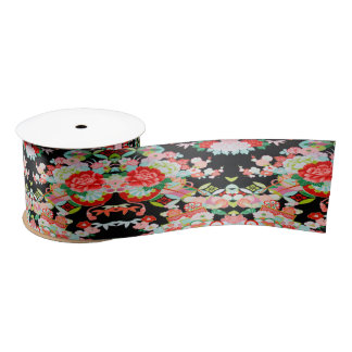 Traditional Japanese Kimono Floral Black Red  Satin Ribbon