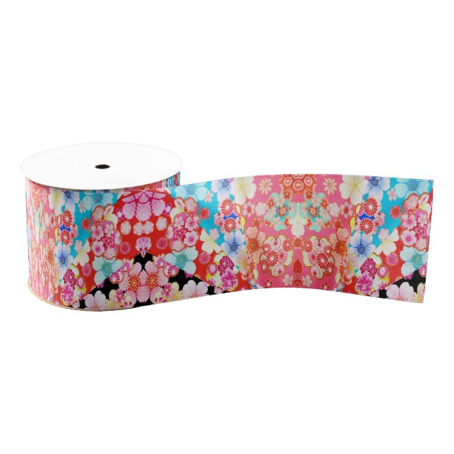 Traditional Japanese Kimono Floral Pink Blue Red  Grosgrain Ribbon (Spool)